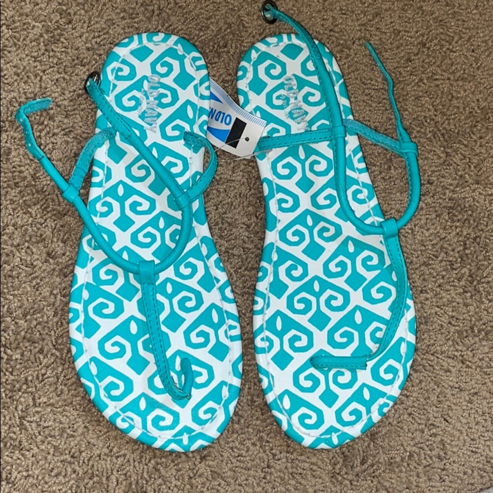 Teal and white sandals